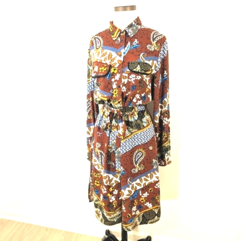 Y2K John Baner Jeanswear viscose earthy boho print,  up shirt dress. Lg  10/12